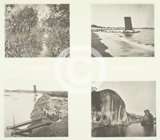 A Country Road near Taiwanfu; A Catamaran; Chain Pumps; Rock Inscriptions, Amoy, c. 1868. Creator: John Thomson.
