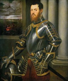 Portrait of a Man in a Gold decorated Suit of Armor, ca 1555. Creator: Tintoretto, Jacopo (1518-1594).