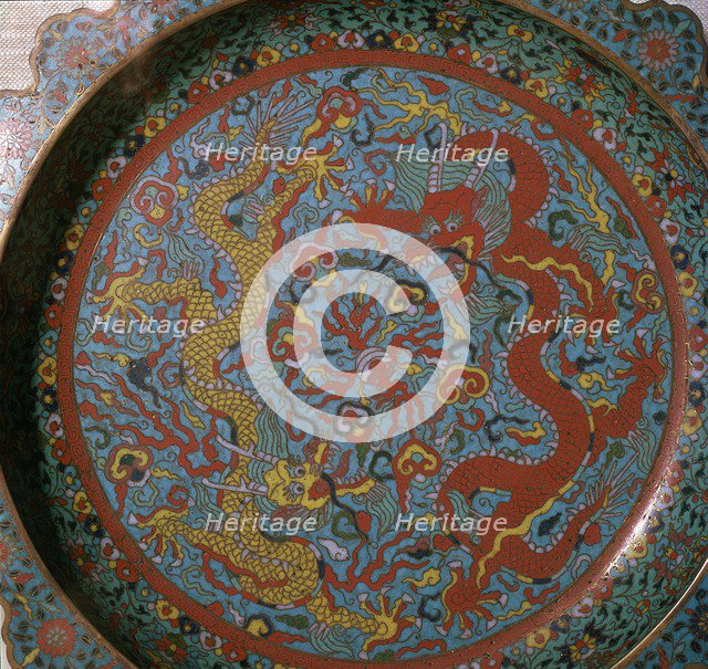 Chinese Ming Dynasty enamel dish with a design of dragons, 16th century. Artist: Unknown