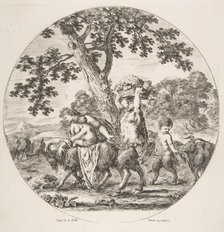 Satyr family walking towards the left with two goats and a basket of grapes, ca. 1657. Creator: Stefano della Bella.