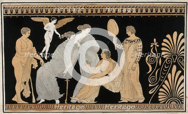 Detail of the decoration of a red-figured Greek strorage jar (pelike) showing a seated..., 1760-9. Creator: Augustin Dahlsteen.