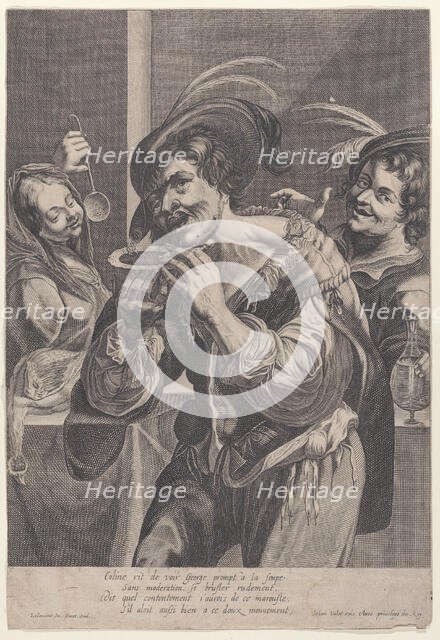 Man drinking soup while two people watch him, 1624-75. Creator: Pierre Daret.