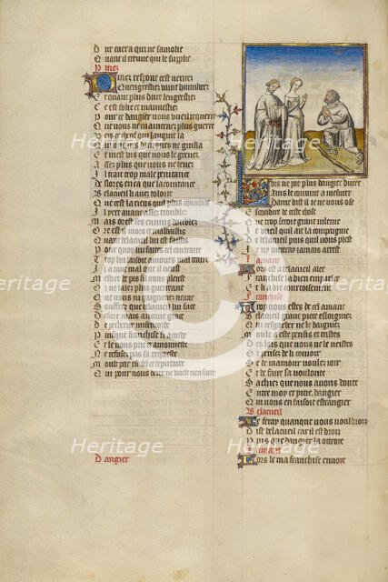 The Personification of Resistance Kneeling before Franchise; Roman de la Rose, about 1405. Creator: Unknown.