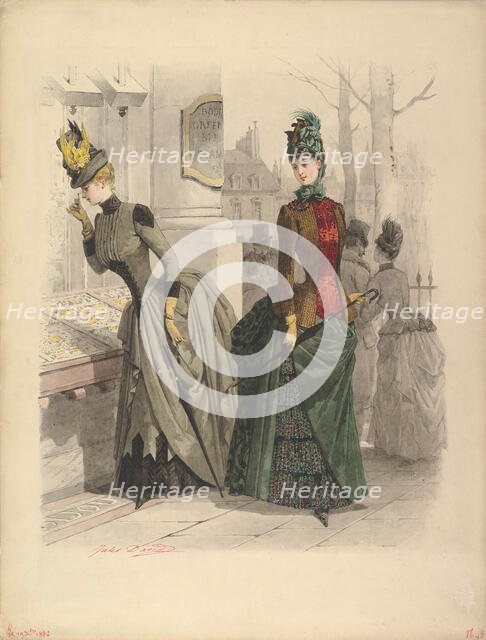Two Women in Day Dresses: Preparatory drawing for a fashion plate from..., October 19, 1886. Creator: Jules David.