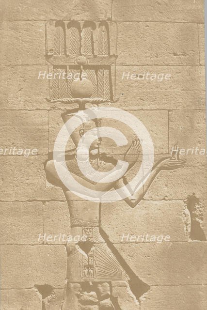 Kalabscheh, sculpture de la façade postérieure du temple., 1849-51. Creator: Maxime du Camp.