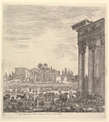 The columns of the Temple of Antoninus to right, a part of the Campo Vaccino in center and..., 1656. Creator: Stefano della Bella.