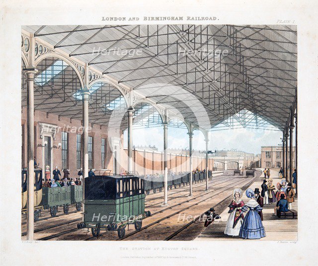The Station at Euston Square, published 1837 (hand coloured engraving)