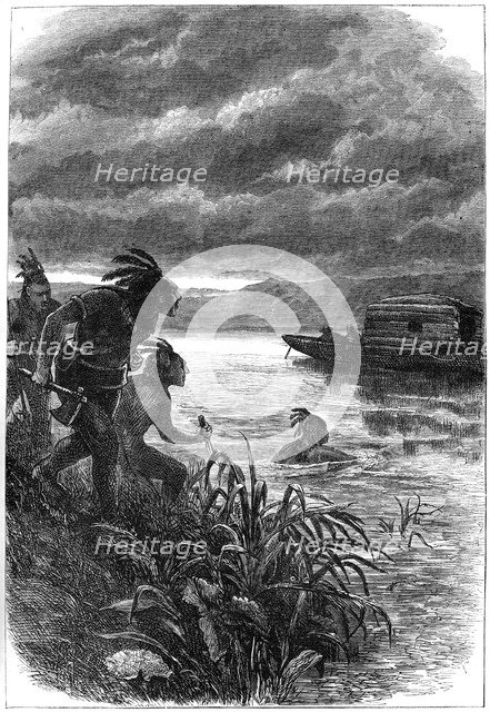 Traders on the Ohio River attacked by Native Americans, 18th century (c1880). Artist: Unknown