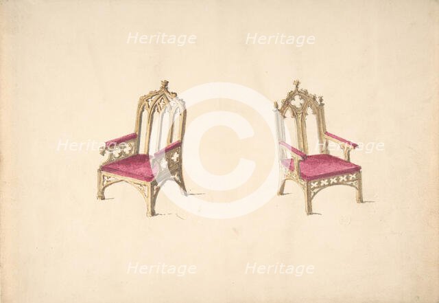 Design for Two Gothic Style Armchairs, early 19th century. Creator: Anon.