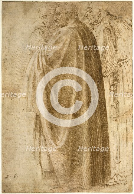 Three Standing Men in Wide Cloaks Turned to the Left, ca 1492-1496. Artist: Buonarroti, Michelangelo (1475-1564)