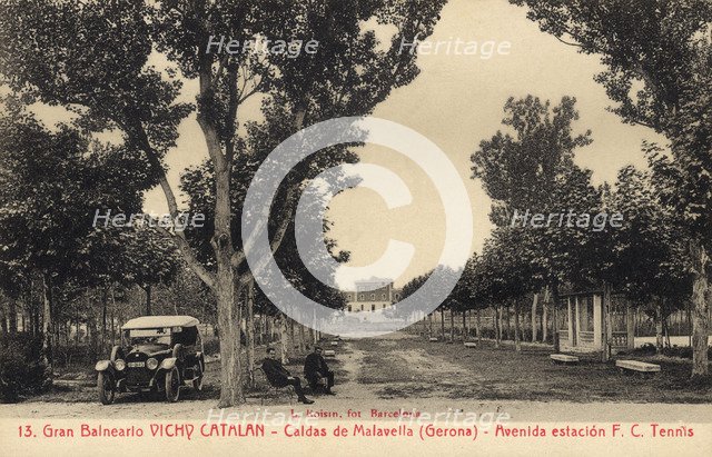 Vichy Catalan Health Resort in Caldes de Malavella (Girona), Railroad Station Avenue, in a postca…
