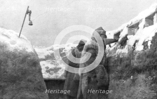 Sentries in a trench looking out over no-man's-land, Pas-de-Calais, France, winter, 1915. Artist: Unknown