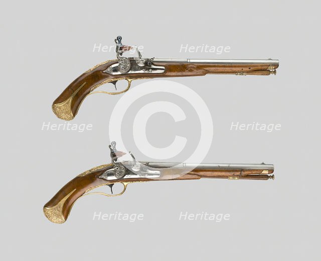 Pair of Flintlock Pistols, Italy, c. 1690/1700. Creators: Lazarino Cominazzo, Gio Borgogn.