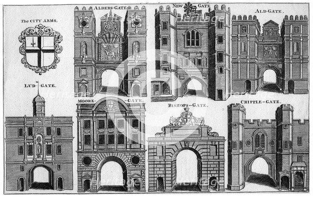 Arms and gates of the City of London, c1650 (19th century(?). Artist: Unknown