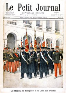 French war veterans carrying flags of the Madagascar and China campaigns, 1901. Artist: Unknown