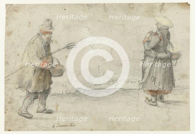 Studies of a Man and a Woman Standing on the Bank of a Frozen River, with a Town..., c.1610-c.1615. Creator: Hendrick Avercamp.