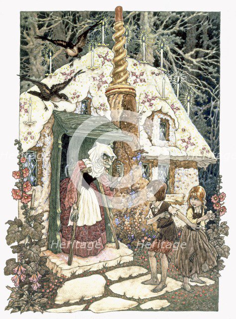 Hansel and Grethel from Grimms Fairy Tales, pub. 1911 (colour lithograph)