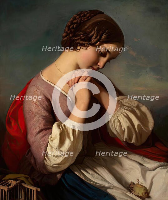 Girl with dead bird, 1890. Creator: Heinrich Schlesinger.