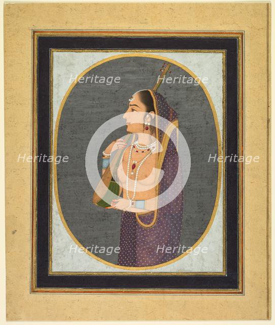 Court lady singing and playing the vina, c. 1760. Creator: Muhammad Rizavi Hindi (Indian, active mid-1700s), attributed to.