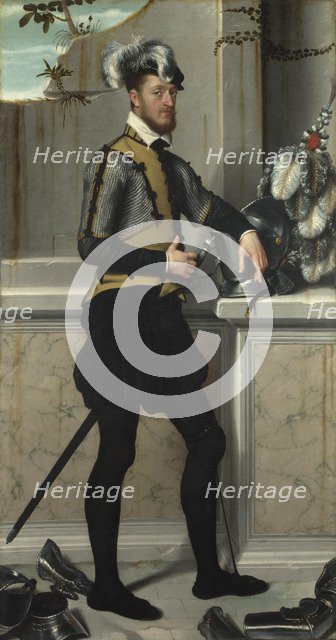 A Knight with his Jousting Helmet (Il Cavaliere dal Piede Ferito, Conte Faustino Avogadro (?), ca 1554. Artist: Moroni, Giovan Battista (1520/25-1578)