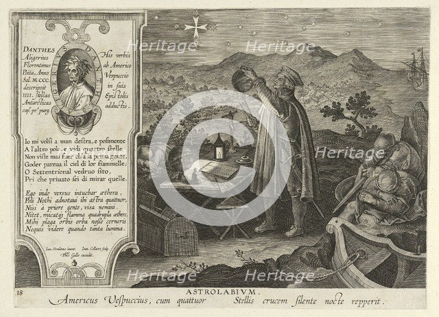 Amerigo Vespucci Discovering the Southern Cross with an Astrolabe, pub. 1600.  Creator: Jan van der Straet (Joannes Stradanus) (1523-1605).