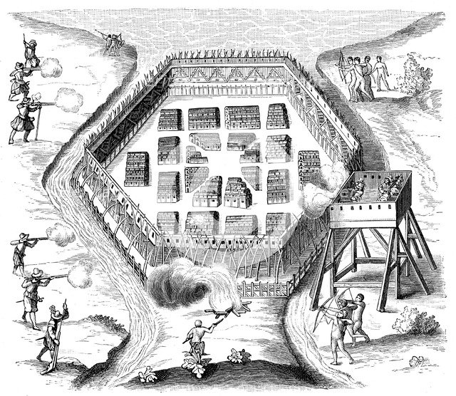 Onondaga village attacked by the French explorer Samuel de Champlain, 1615. Artist: Unknown