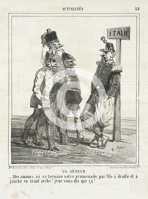 Un gêneur: Mes amours, ici se termine votre promenade, pas file à droite et a gauche en..., 1864. Creator: Cham.