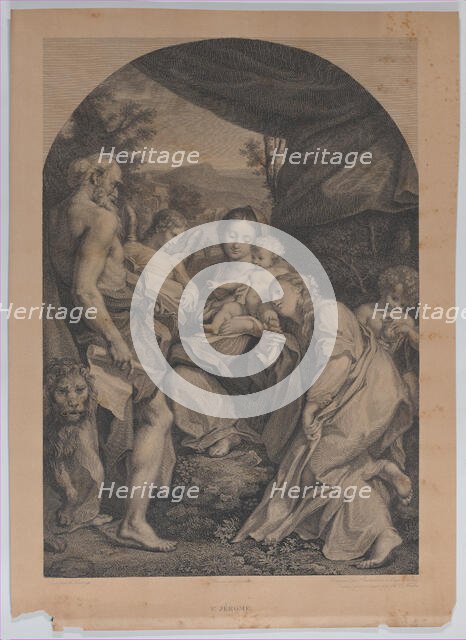 Virgin and Child with Saint Jerome at left, 1822. Creators: Francesco Bartolozzi, Henri-Charles Müller.