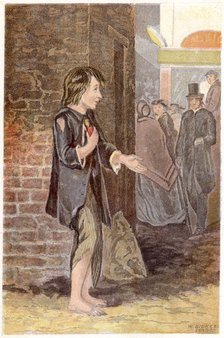 A poor boy, shoeless and in rags, begging on a street corner, c1880. Artist: Unknown