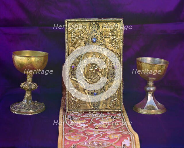 Tsar Aleksei Mikhailovich's gospel and Tsar Mikhail Feodorovich's sacramental vessels..., 1911. Creator: Sergey Mikhaylovich Prokudin-Gorsky.