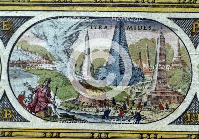 The pyramids, colored engraving from the book 'Le Theatre du monde' or 'Nouvel Atlas', 1645, crea…