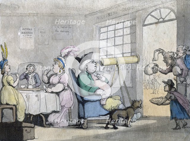 A portly gentleman looking through a telescope, 19th century. Artist: Unknown