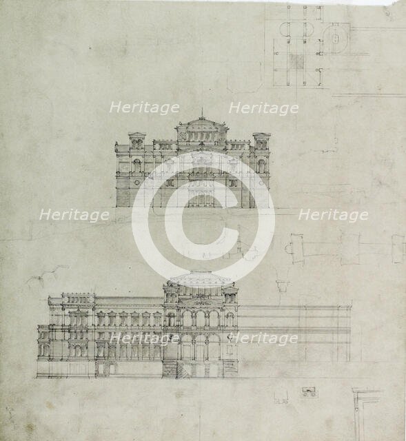 Design Projects, Elevation Studies and Plan, c. 1860-1870. Creator: Carl J Furst.