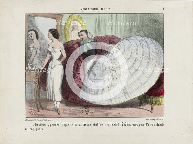 Justine, penses-tu que je serai assez étoffée avec cela?... From Modes pour rire, 1855-1859. Creator: Vernier, Charles (1813-1892).