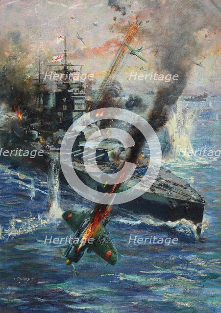 Aircraft attack British battleship, between 1941 and 1946. Creators: Central Office of Information, Terence Tenison Cuneo.