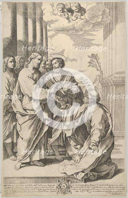 Christ giving the keys of the church to Saint Peter who kneels before him, after Guido ..., 1640-70. Creator: Gian Battista Bolognini.