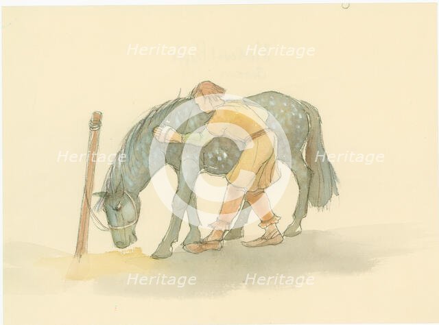 A medieval groom brushing a horse, 2004. Creator: Judith Dobie.