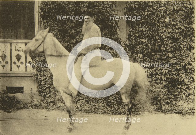 Russian author Leo Tolstoy on horseback, Moscow, Russia, 1890s. Artist: Sophia Tolstaya