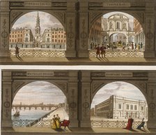 Four views of London sites seen through an arch, c1820. Artist: Anon