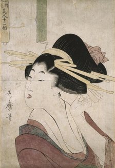 Courtesan placing a pin in her hair (without an inscription in the partially unrolled scroll), 1794. Creator: Kitagawa Utamaro.