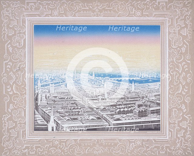 Aerial view of London framed in a decorative border, c1845.  Artist: Kronheim & Co