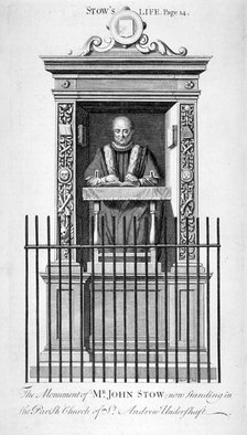 Monument to John Stow in St Andrew Undershaft, City of London, c1750.                                Artist: Anon