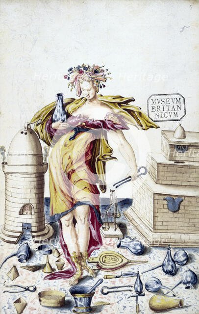 A woman surrounded by alchemical instruments. Creator: Unknown.