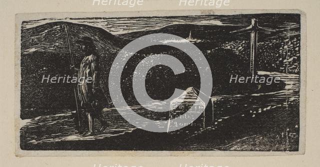 Colinet's Journey, Milestone Marked 'LXII Miles to London', from Thornton's Pastorals of V..., 1821. Creator: William Blake.