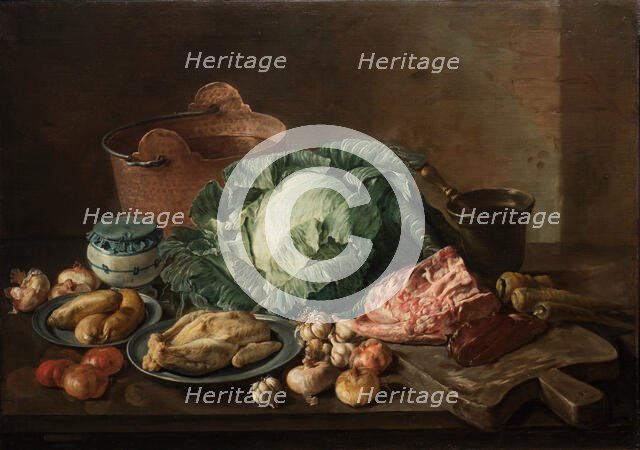 A kitchen still life with meat and vegetables on a table top. Creator: Ceruti, Giacomo Antonio (1698-1767).
