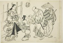 The Yugao Chapter from "The Tale of Genji" (Genji Yugao), from a series of Genji parodies, c. 1710. Creator: Okumura Masanobu.