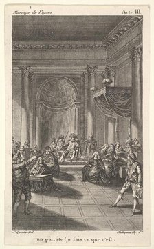 A man seated in a chair on a stepped platform holds an audience, two pointing men stan..., ca. 1784. Creator: Claude Nicolas Malapeau.