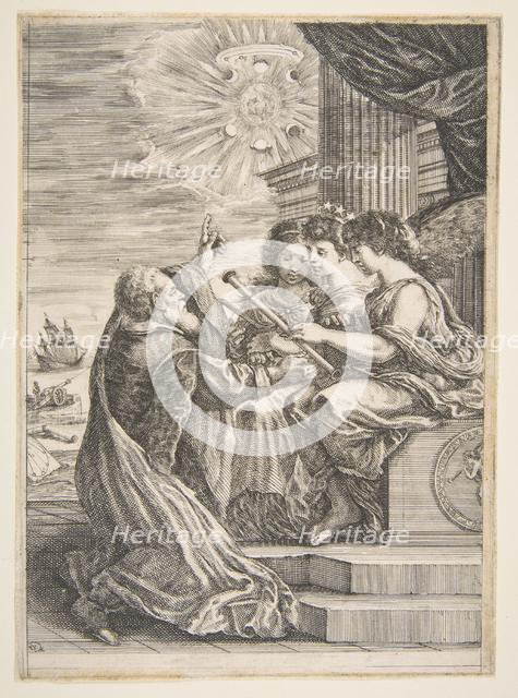 Galileo and personifications of Astronomy, Perspective and Mathematics, frontispiece for '..., 1656. Creator: Stefano della Bella.