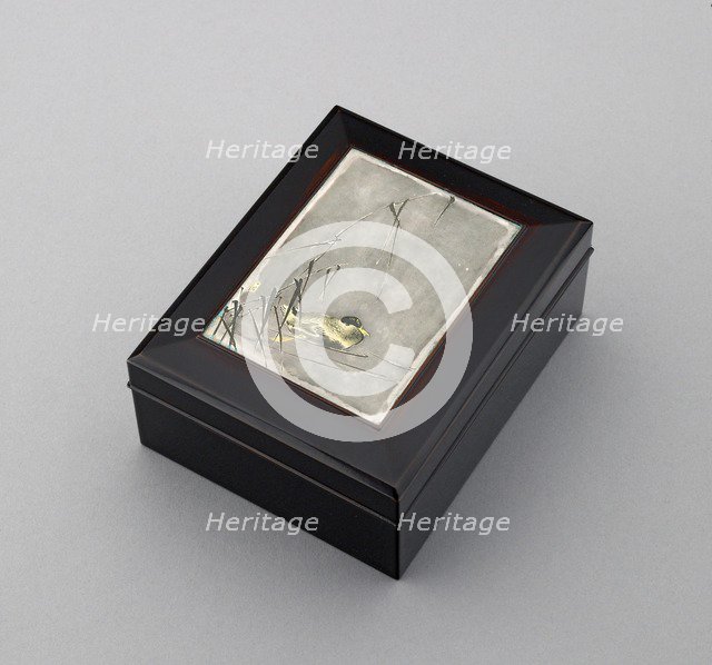 Box with plaque depicting a duck swimming past reeds, probably before 1908. Artist: Ikkoku Kajima.