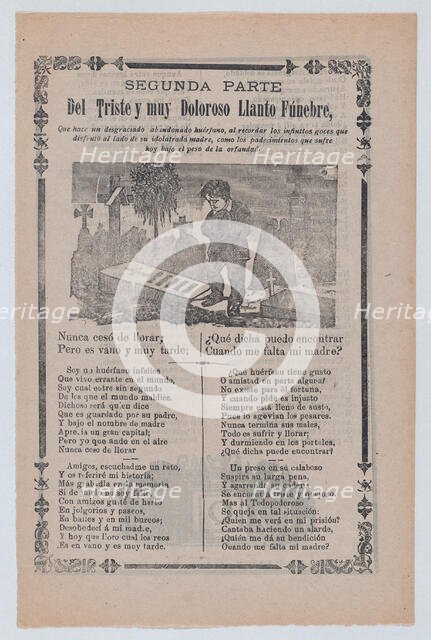 Broadsheet relating to the plight of an orphan, young boy mourning in a cemetery,..., ca. 1900-1913. Creator: José Guadalupe Posada.